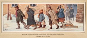 Sovjetiske arbejdere, der forlader kontoret med deres madrationer, fra Histoire des Soviets, pub. 1922 (farve litho) af Boris Vasilievich Zvorykin