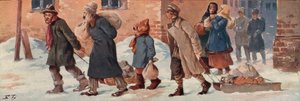 Sovjetiske arbejdere forlader deres kontorer med deres madrationer (farve litho) af Boris Vasilievich Zvorykin