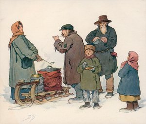 Kvinde sælger varm suppe på gaden i Sovjetrusland (farve litho)