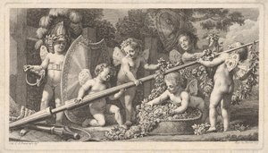 Seks putti leger med Mars arme, fire holder fast i en stor lanse, en til venstre ..., 1769. af Bossi