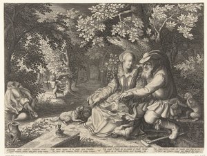 Døden og Amor skyder hinandens pile, og gammel mand retter ung kvinde