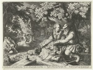 Døden og Amor skyder hinandens pile, og gammel mand retter ung kvinde