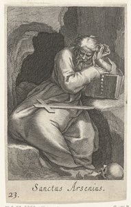 Sankt Arsenius den Store som eneboer Sanctus Arsenius (titel på objekt) Eremitter (serietitel) Sacra eremvs ascetarvm (serietitel) af Boëtius Adamsz. Bolswert