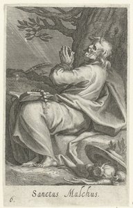 Sankt Malchus af Chalcis som eneboer Sanctus Malchus (titel på objekt) Eremitter (serietitel) Sacra eremvs ascetarvm (serietitel) af Boëtius Adamsz. Bolswert