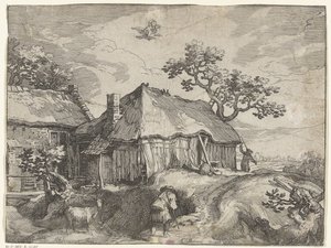 Landskab med gård og røveri af Ganymedes Countryside Faces (serietitel) af Boëtius Adamsz. Bolswert