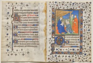 Bifolio fra en tidebog: Tilbedelse af de hellige tre konger (recto) af Boucicaut Master