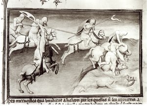 Fr 2810 Den mongolske leder, Hulagu, khan fra Ilkhanatet jagter sin fætter, Berke, khan fra Kipchak eller Golden Horde i 1262, og tvinger ham ud i en flod, fra Livre des Merveilles du Monde, ca. 1410-