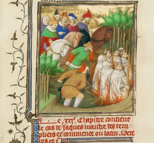 Tempelridderne brændte i nærværelse af Filip den fagre og hans hofmænd, ca 1413-1415 af Boucicaut Master,