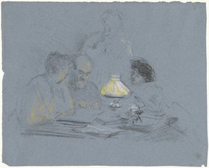 A. Grandmont og tre figurer, der læser ved lampelys