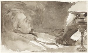 Portræt af Alphons Marie Antoine Joseph Grandmont, læser ved en lampe