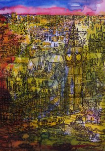 London, Westminster (pen og blæk med wc på papir)