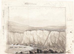 Skitse af både nær en klippe af British 19th Century