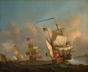 En kongelig yacht med en flåde på vej ud i en brise, ca. 1720 (olie på lærred) af British School
