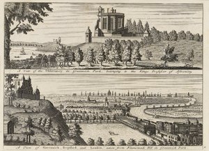 "A view of the Observatory in Greenwich Park...[and] A view of Deptford and London taken from Flamsteed Hill in Greenwich Park", ca. 1750 (kobberstik) af British School