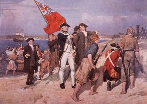 Kaptajn James Cook lander i Australien (farve litho)