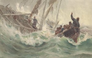 Kaptajn og hans trofaste hund går ned med et forlist skib, mens besætningen flygter (farve litho) af British School