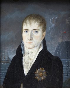 Kejser på øen Sainte-Helene - Portræt af kejser Napoleon 1. barhovedet, i sort frakke, iført den store ørneplade af Æreslegionens orden - Portræt af Napoleon Bonaparte på øen Saint Helena af kaptajn Dodgin (aktiv af British School