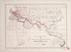 Oversigtskort over telegraflinjer mellem Europa, Indien, Australien og Kina af British School