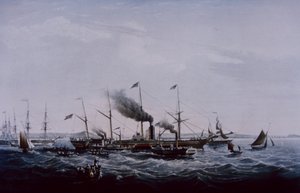 Great Western dampskib, designet af Brunel, færdiggjort i Bristol 1837 (farve litho) af British School