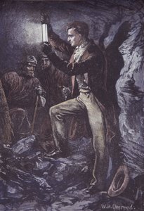 Humphry Davy med Davy sikkerhedslampe til minearbejdere, opfundet i 1815 (håndfarvet trægravering)