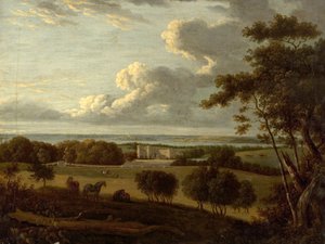 Landskab nær kysten (udsigt over et palæ med havet i det fjerne) (olie på lærred) af British School