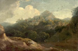 Bjerglandskab, morgen (olie på træ) af British School