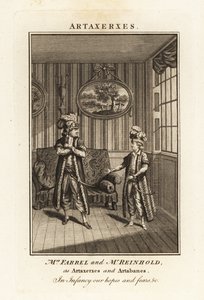Fru Margaret Farrel og Charles Frederick Reinhold i persisk dragt som Artaxerxes og Artabanes i Thomas Arnes opera Artaxerxes af British School