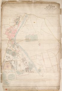 Plan over Lucknow, tegnet ud fra en opmåling foretaget i 1856 af Lieut. Moorsom, 52nd. Løjtnant i infanteriet. (Præsenteret af kaptajn Moorsom, C.E.), ca. 1856 (silke, papir) af British School