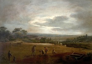 Pløjning og dibbling af bønner (olie på lærred) af British School