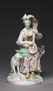 Siddende musiker, Derby Porcelain Factory, ca. 1765 (blødt pasta-porcelæn) af British School