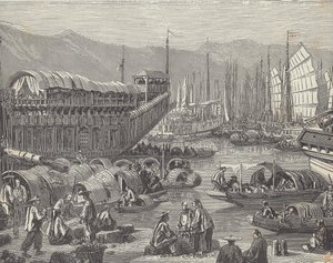 Fartøjer i travl havn, Shanghai, Kina (gravering) af British School