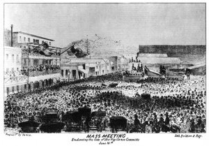Et massemøde uden for Fort Vigilant, Sacramento, Californien, 1856 1937.