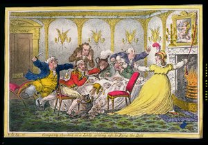Selskab chokeret over en dame, der rejser sig for at ringe med klokken, ets af James Gillray (1756-1815) udgivet af Hannah Humphrey i 1804 (håndkoloreret radering)