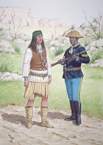 En Chiricahua Apache-kriger og en korporal fra 10. regiment af det amerikanske kavaleri i 1886, fra et sæt på seks tableauer