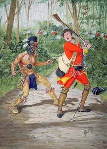 En huron-kriger mod en menig fra 44th Regiment of Foot i 1755, fra et sæt af seks tableauer