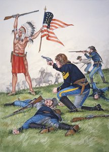 En sioux-kriger mod 7. regiment af det amerikanske kavaleri i slaget ved Little Bighorn, 25. juni 1876, fra et sæt på seks tableauer