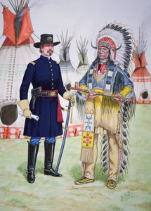Høvding Red Cloud fra Oglala Sioux giver fredspibe til en officer fra 5. regiment af det amerikanske kavaleri ved underskrivelsen af Fort Laramie-traktaten i 1868, fra et sæt på seks tableauer