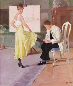 Kunstner beundrer sin models fod (farvelitografi)