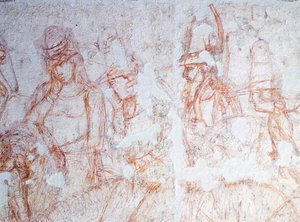Figurer af ryttere, detaljer fra Triumph of Death, af Bonamico Buffalmacco (aktiv i første halvdel af det 14. århundrede)