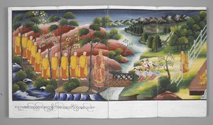 Eller. 13534, f.23 Munke krydser en flod, Scener fra Buddhas liv (pergament) af Burmese School