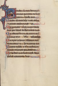Initial B: En ørn skubber en sten ned i et springvand