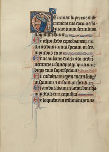 Initial E: En mand, der holder en skriftrulle