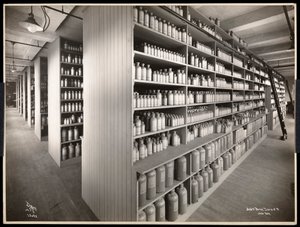 Indvendigt billede af et kemisk lagerrum hos Parke, Davis und Co., kemikere, Hudson og Vestry Streets, New York, 1910 (sølvgelatineprint) af Byron Company