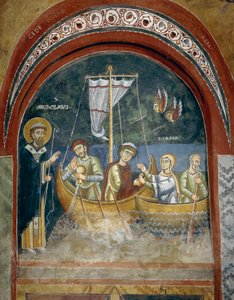 Sankt Nicholas tilsynekomst for skibbrudne rejsende, Detalje fra historierne om Sankt Nikolas liv, romanske fresker i byzantinsk stil, slutningen af det 11. århundrede, Kapel Sankt Eldrad og Sankt Nikolas, Novalesa Abbey, Piemonte, Italien af Byzantine