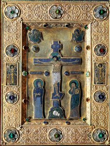 Byzantinsk kunst: Evangelisk af guld og emalje dekoreret med guldblade afviser med filigrankrucifiks, der repræsenterer Jomfruen og Sankt Johannes. 12.-13. århundrede Venedigs tesoro af San Marco (tresor af Saint Mark) af Byzantine