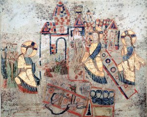 Byzantinsk kunst: "" Repræsentation af Frelseren Kristus, der hugger underverdenens porte ned, knuser Satan og befrier sjæle""" Miniature fra "Exultet"" fra begyndelsen af det 11. århundrede Museo Diocesano, Gaeta af Byzantine
