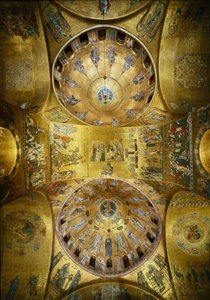 Byzantinsk arkitektur: udsigt over kuplerne med mosaikker på en gylden baggrund (romansk og byzantinsk stil), der illustrerer Pentecote (1250-1300) og Kristi Himmelfart (begyndelsen af det 13. århundrede). Basilica San Marco (San Marco Basilica) Venedig af Byzantine
