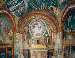 Kapel af Saint Eldrad og Saint Nicholas med romanske fresker i byzantinsk stil, slutningen af det 11. århundrede, Novalesa Abbey, Piemonte, Italien af Byzantine