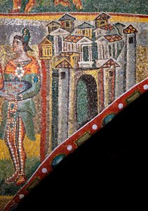 Kristen kunst: "Tilbedelse af Magi"". Detalje af landskabet. Mosaik fra det 5. århundrede. Triumfbuen, Santa Maria Maggiore-basilikaen (Holy Mary Major), Rom. af Byzantine