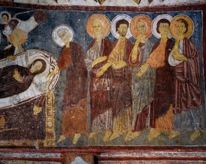 Jomfruens dvale blandt apostle, detalje, byzantinsk fresco (1200-tallet), Gulsehir Karsi Kilise (Sankt Johanneskirken), Goreme (Unescos verdensarvsliste af Byzantine